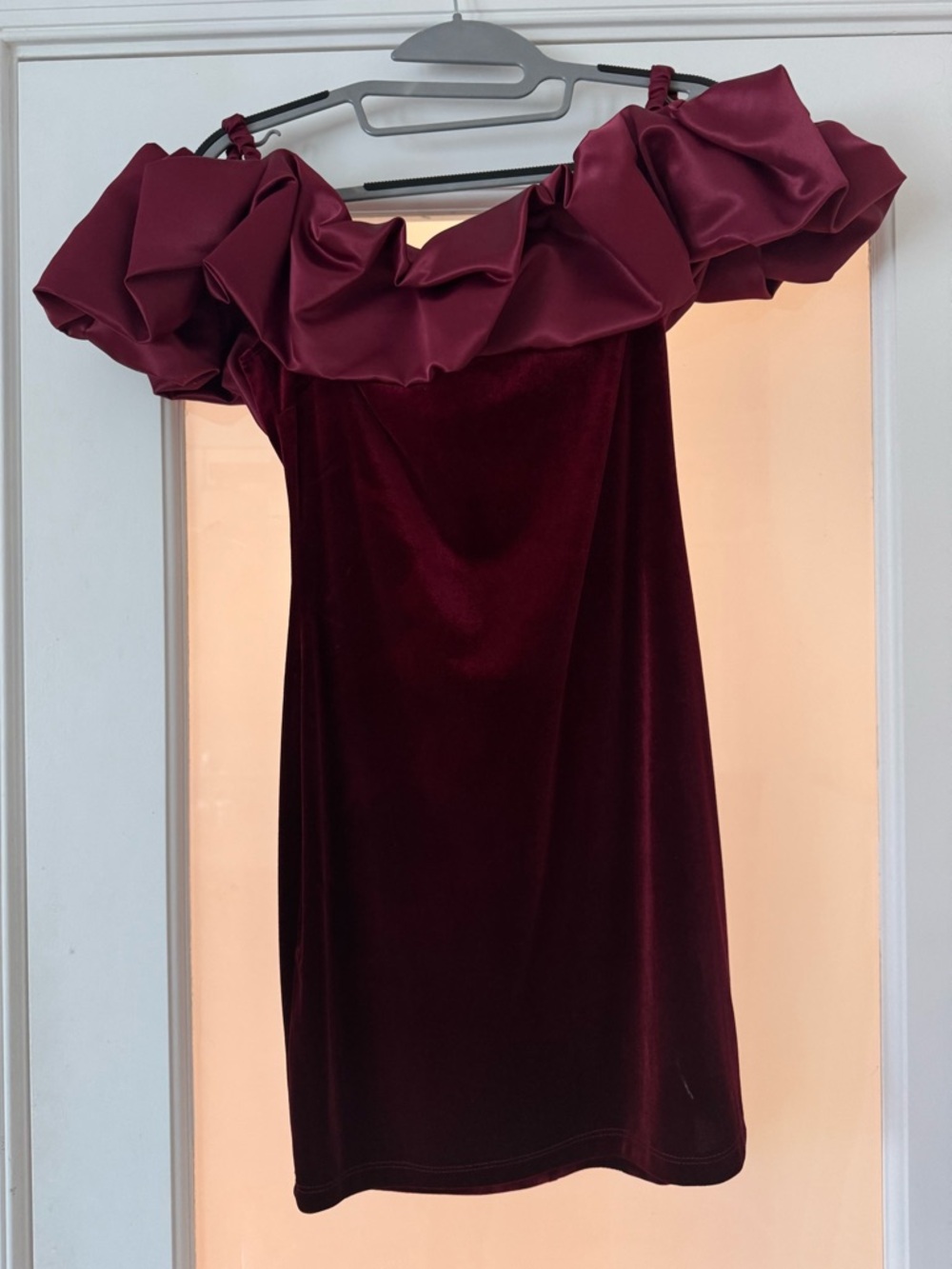 B Darlin-  Burgundy Off the Shoulder Velvet Dress